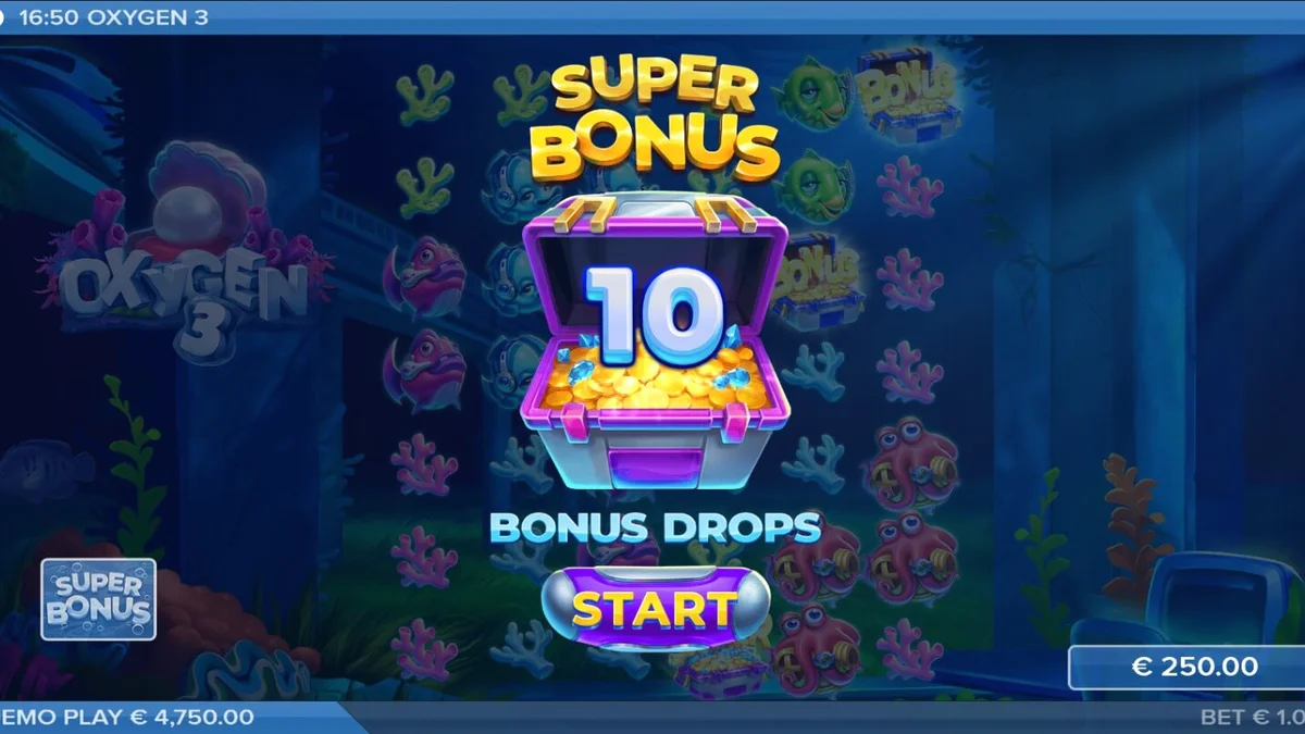 Tampilan visual slot Oxygen 3 dengan latar belakang reruntuhan bawah laut yang futuristik.