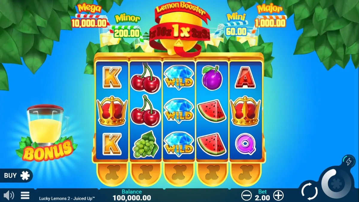 Tampilan visual slot Lucky Lemons 2 Juiced Up dengan tema buah sitrus yang cerah