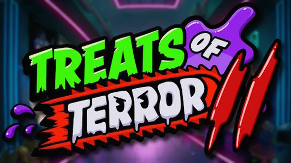 Tampilan layar mesin slot Treats of Terror II dengan nuansa neon arcade yang mencekam